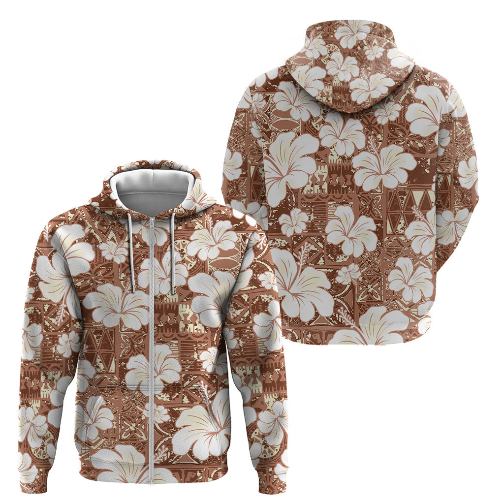 Brown Bula Fiji Masi Hibiscus Seamless Zip Hoodie