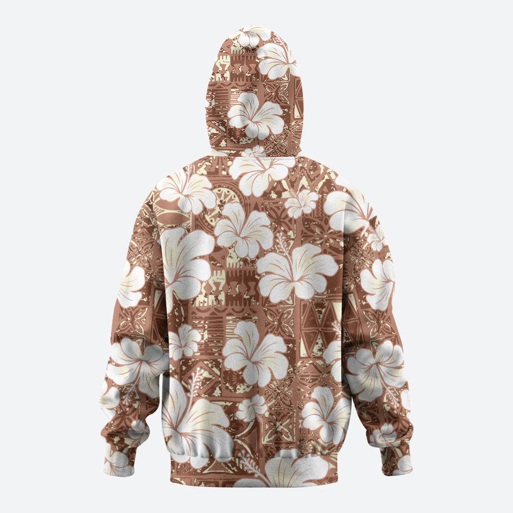 Brown Bula Fiji Masi Hibiscus Seamless Zip Hoodie