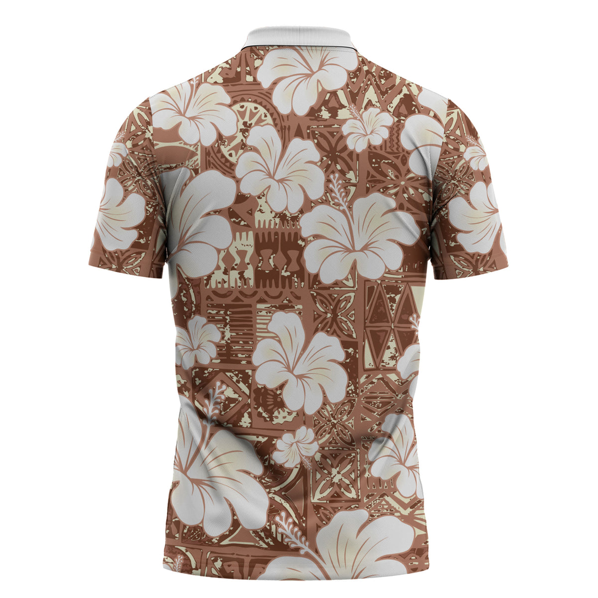 Brown Bula Fiji Masi Hibiscus Seamless Zipper Polo Shirt