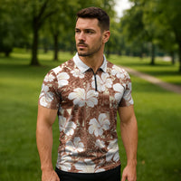 Brown Bula Fiji Masi Hibiscus Seamless Zipper Polo Shirt