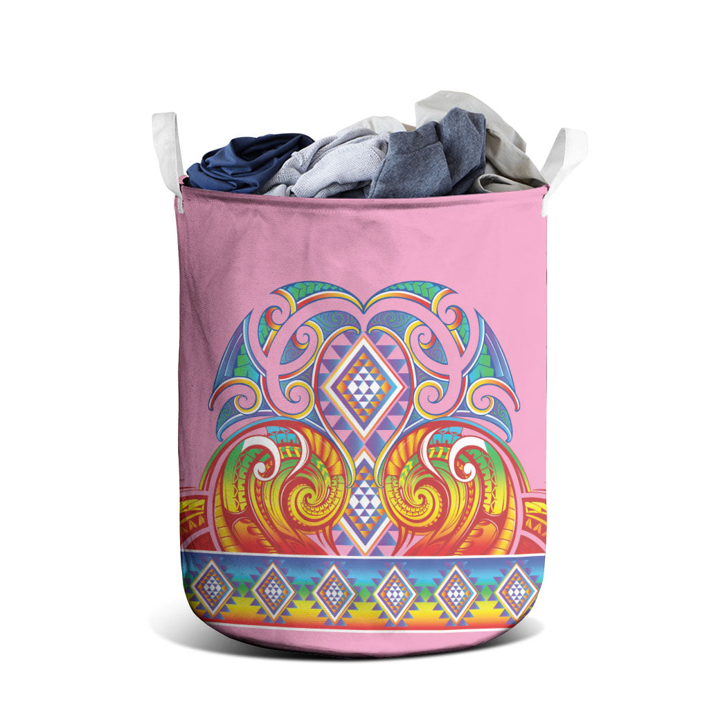 Rainbow Ngaru Taniko With Aotearoa Maori Tattoo Laundry Basket