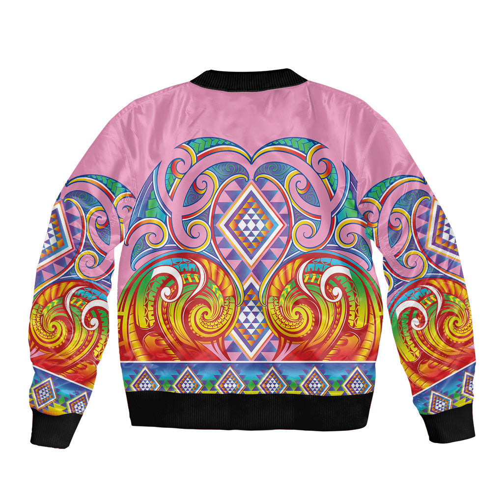 Rainbow Ngaru Taniko With Aotearoa Maori Tattoo Bomber Jacket