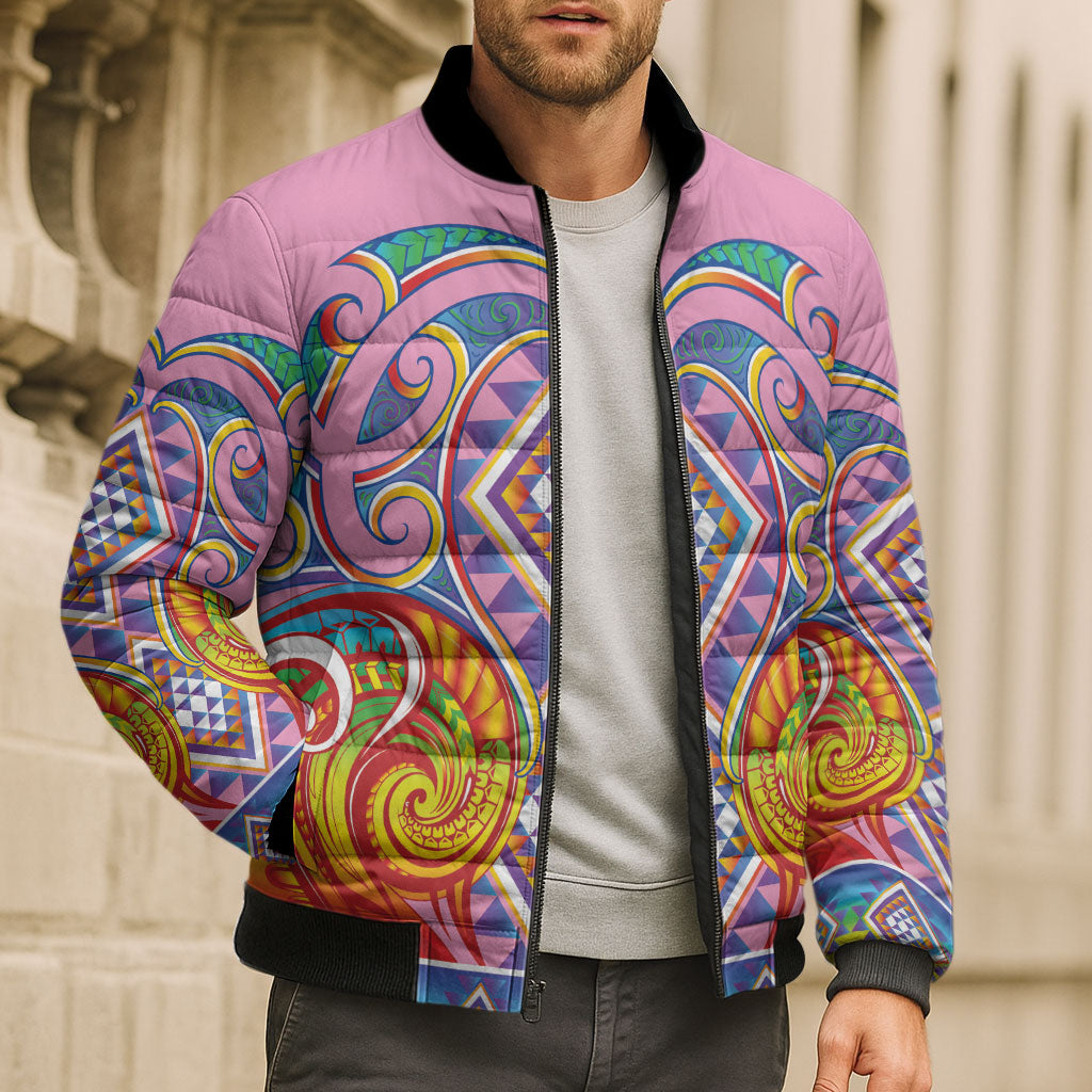 Rainbow Ngaru Taniko With Aotearoa Maori Tattoo Bomber Puffer Jacket