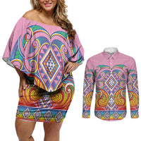 Rainbow Ngaru Taniko With Aotearoa Maori Tattoo Couples Matching Off Shoulder Short Dress and Long Sleeve Button Shirt
