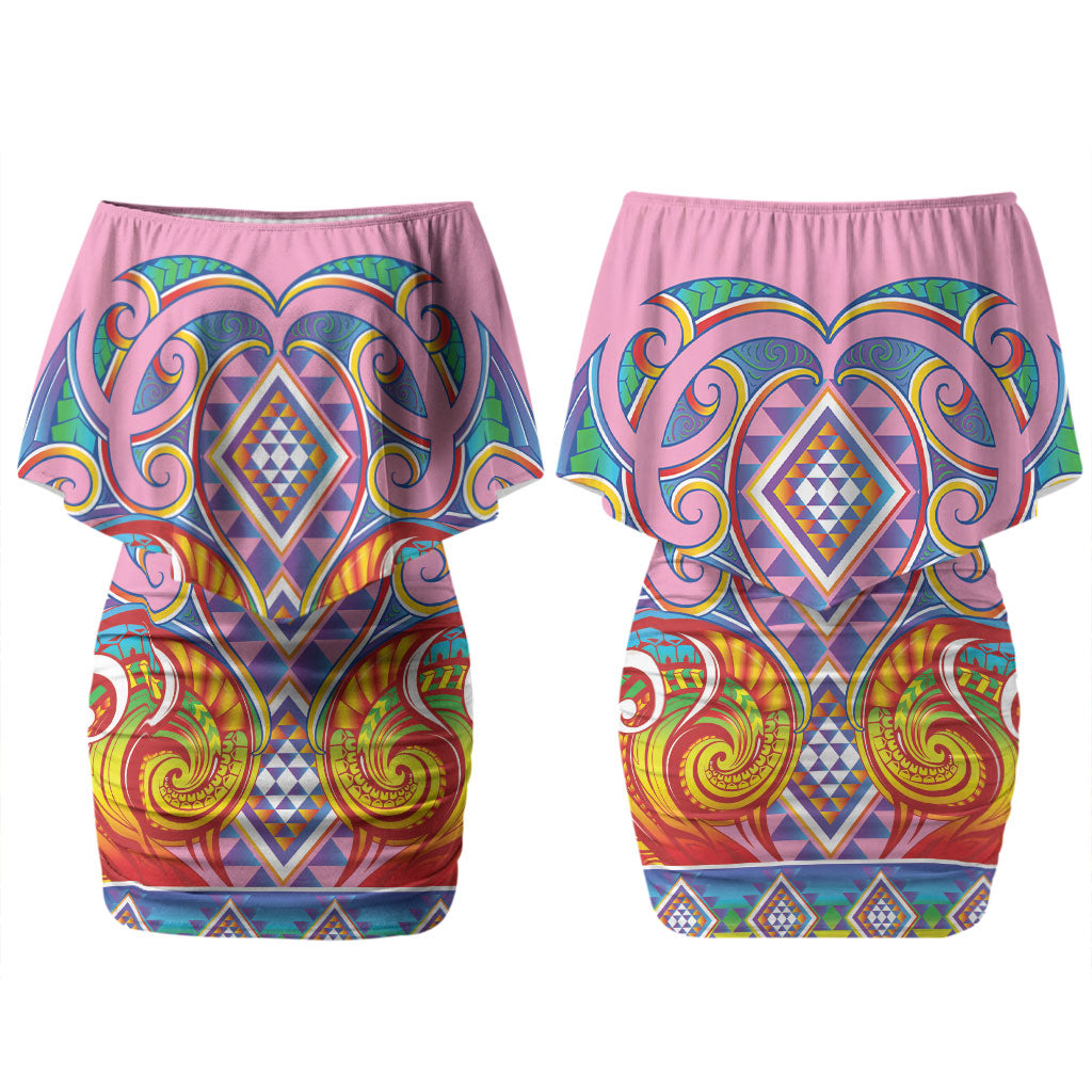 Rainbow Ngaru Taniko With Aotearoa Maori Tattoo Couples Matching Off Shoulder Short Dress and Long Sleeve Button Shirt