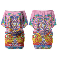Rainbow Ngaru Taniko With Aotearoa Maori Tattoo Couples Matching Off Shoulder Short Dress and Long Sleeve Button Shirt