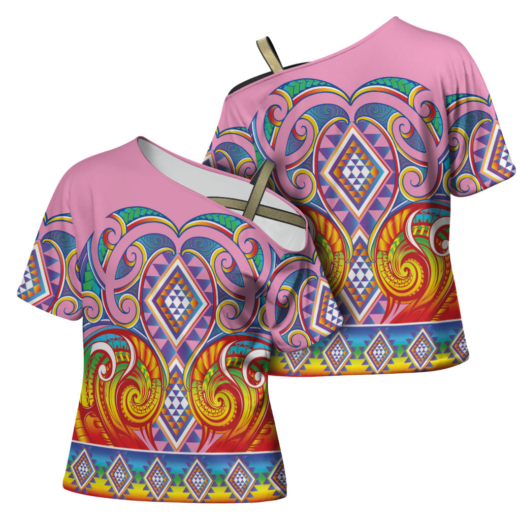 Rainbow Ngaru Taniko With Aotearoa Maori Tattoo Cross Shoulder Shirt