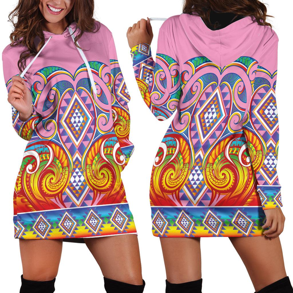 Rainbow Ngaru Taniko With Aotearoa Maori Tattoo Hoodie Dress