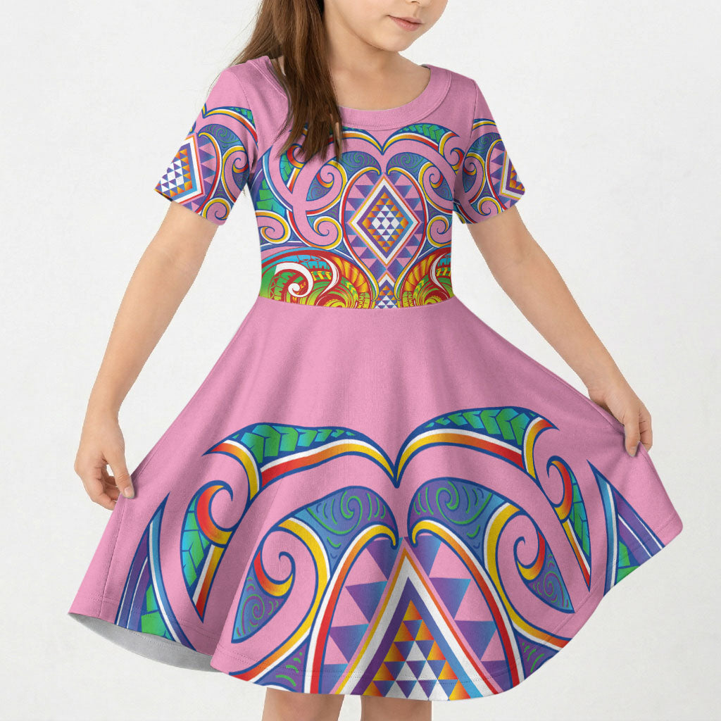 Rainbow Ngaru Taniko With Aotearoa Maori Tattoo Kid Short Sleeve Dress