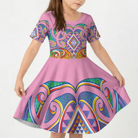 Rainbow Ngaru Taniko With Aotearoa Maori Tattoo Kid Short Sleeve Dress