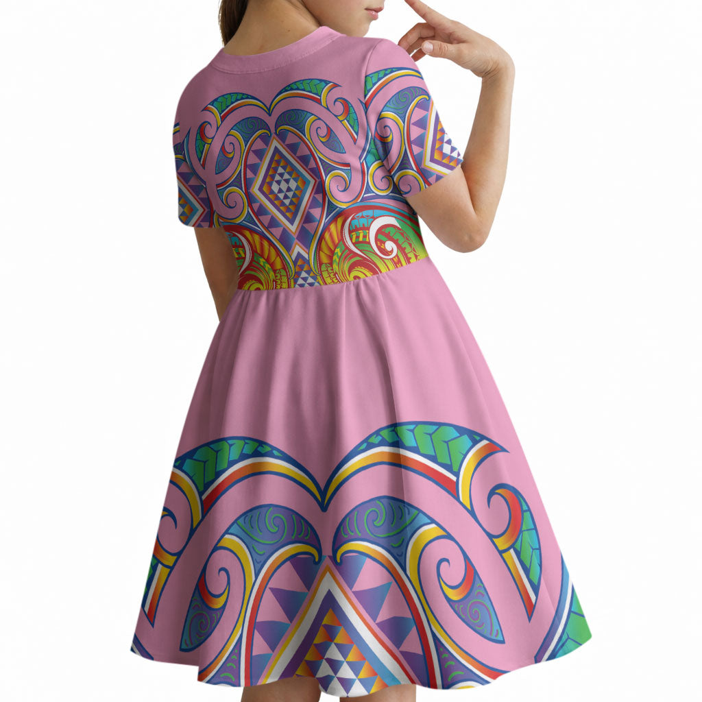 Rainbow Ngaru Taniko With Aotearoa Maori Tattoo Kid Short Sleeve Dress