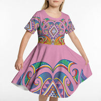 Rainbow Ngaru Taniko With Aotearoa Maori Tattoo Kid Short Sleeve Dress