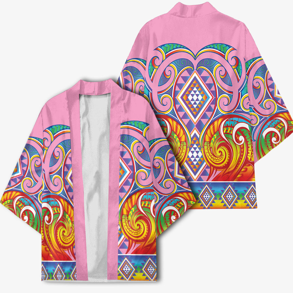 Rainbow Ngaru Taniko With Aotearoa Maori Tattoo Kimono
