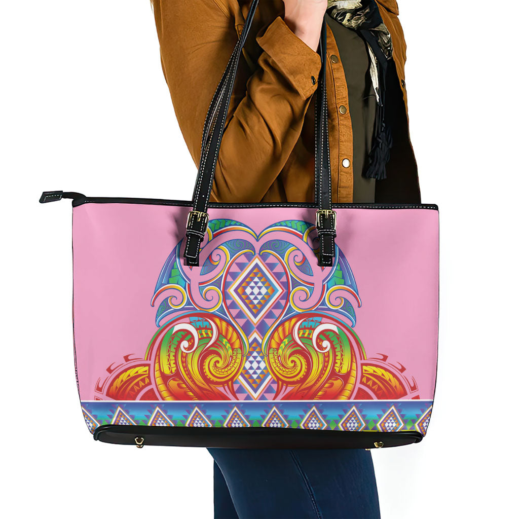 Rainbow Ngaru Taniko With Aotearoa Maori Tattoo Leather Tote Bag