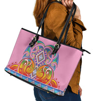 Rainbow Ngaru Taniko With Aotearoa Maori Tattoo Leather Tote Bag