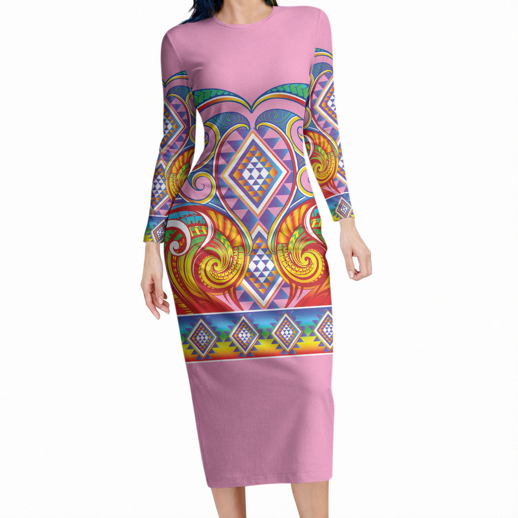 Rainbow Ngaru Taniko With Aotearoa Maori Tattoo Long Sleeve Bodycon Dress