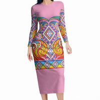Rainbow Ngaru Taniko With Aotearoa Maori Tattoo Long Sleeve Bodycon Dress