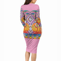 Rainbow Ngaru Taniko With Aotearoa Maori Tattoo Long Sleeve Bodycon Dress