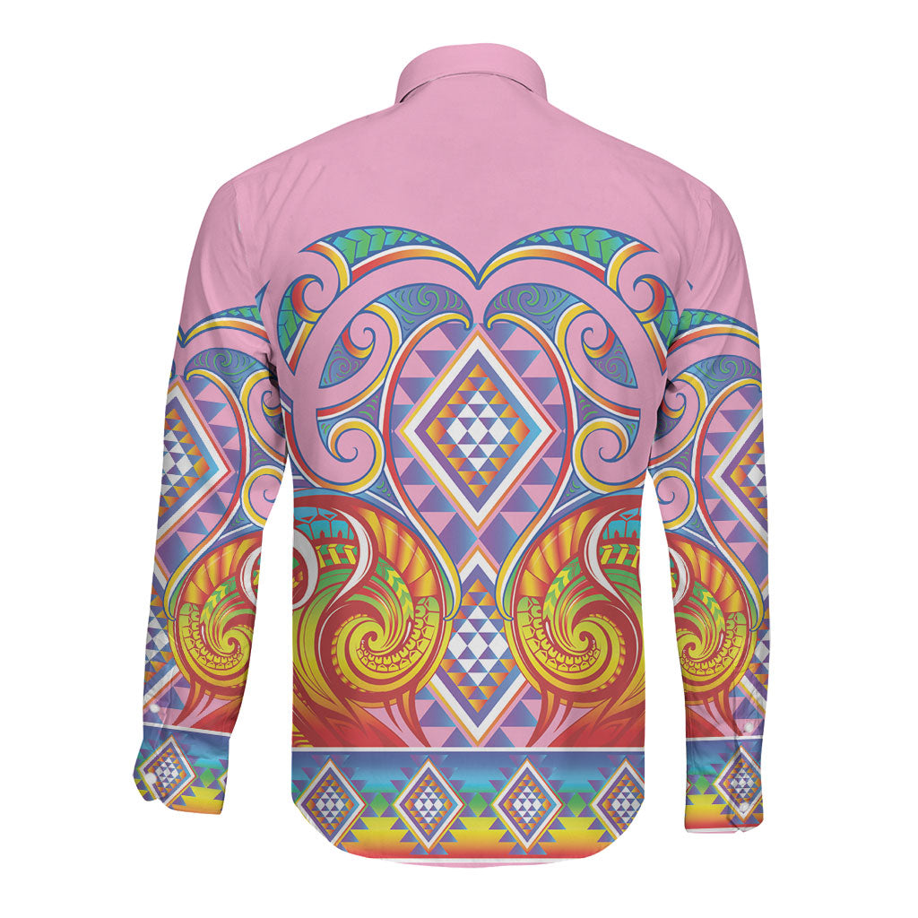 Rainbow Ngaru Taniko With Aotearoa Maori Tattoo Long Sleeve Button Shirt