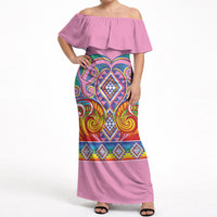 Rainbow Ngaru Taniko With Aotearoa Maori Tattoo Off Shoulder Maxi Dress