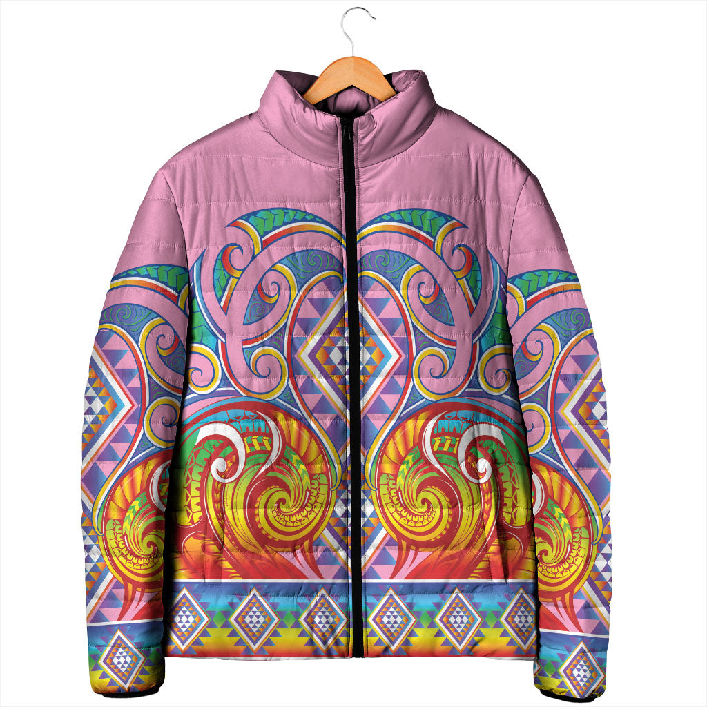 Rainbow Ngaru Taniko With Aotearoa Maori Tattoo Padded Jacket