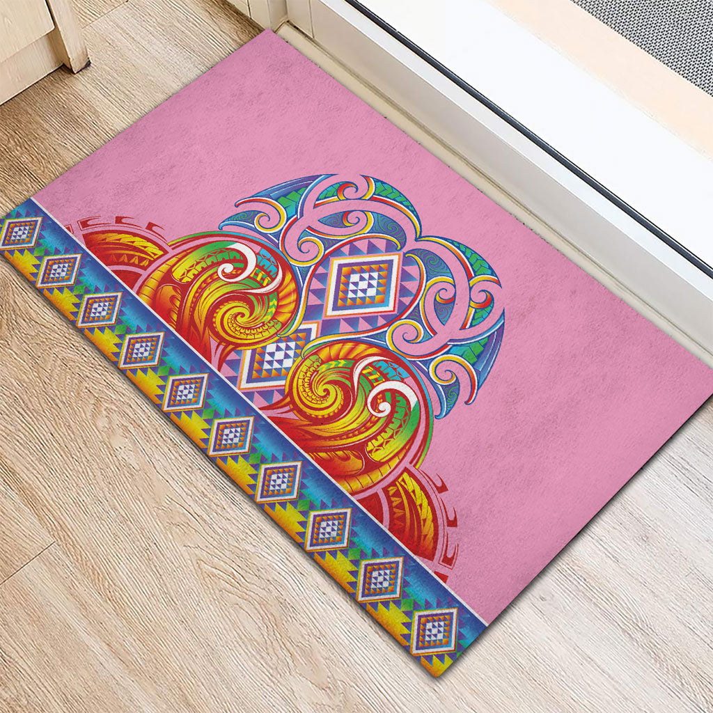 Rainbow Ngaru Taniko With Aotearoa Maori Tattoo Rubber Doormat