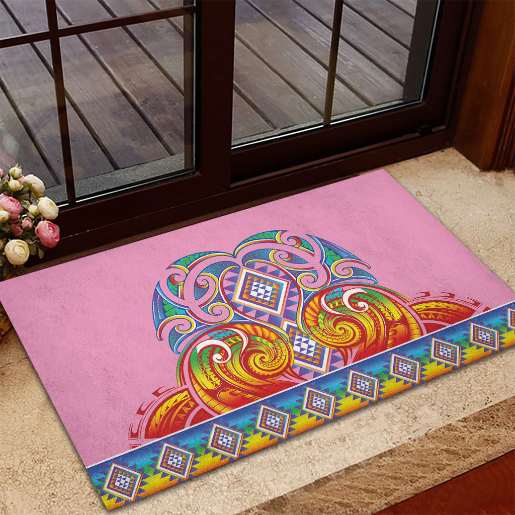 Rainbow Ngaru Taniko With Aotearoa Maori Tattoo Rubber Doormat