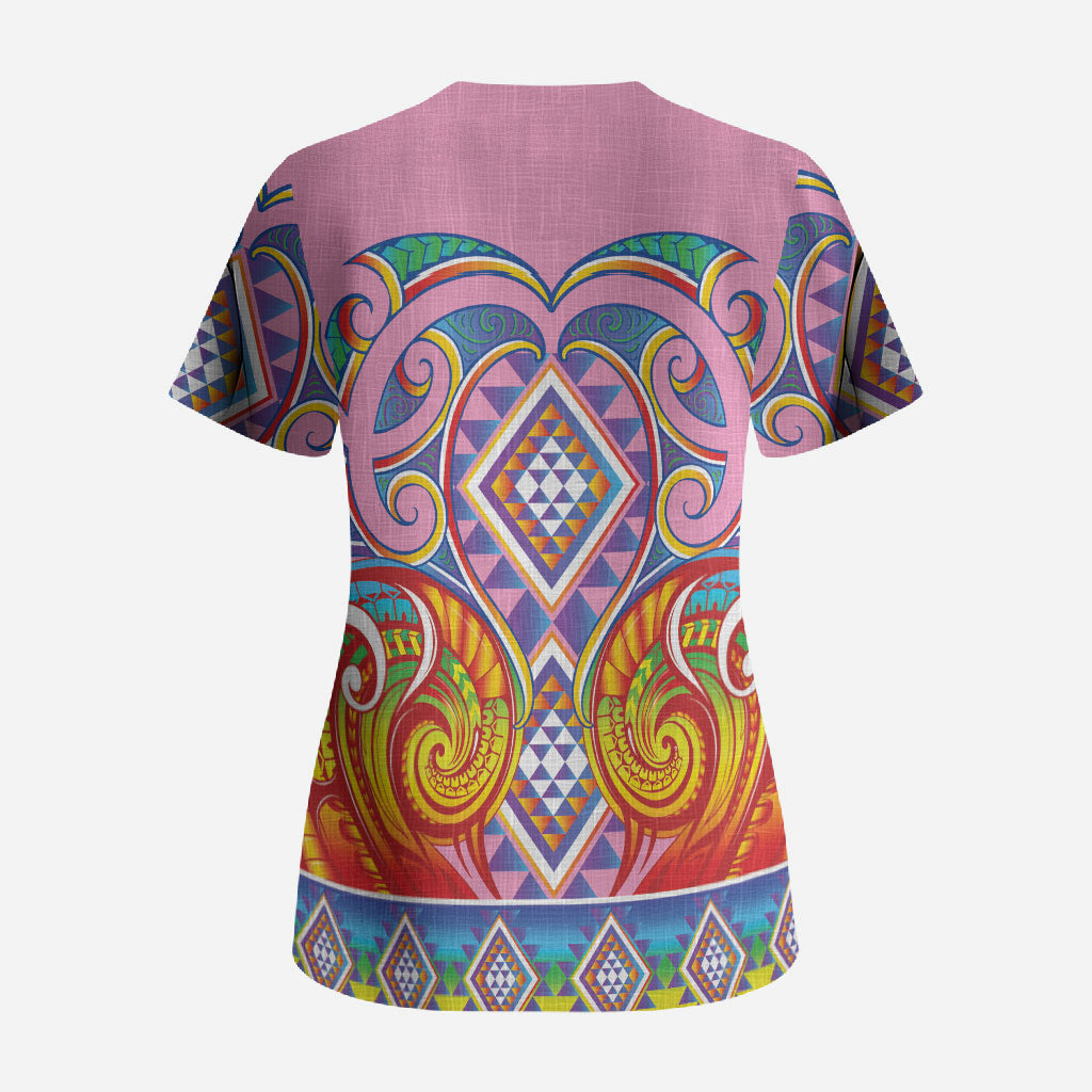 Rainbow Ngaru Taniko With Aotearoa Maori Tattoo Scrub Top