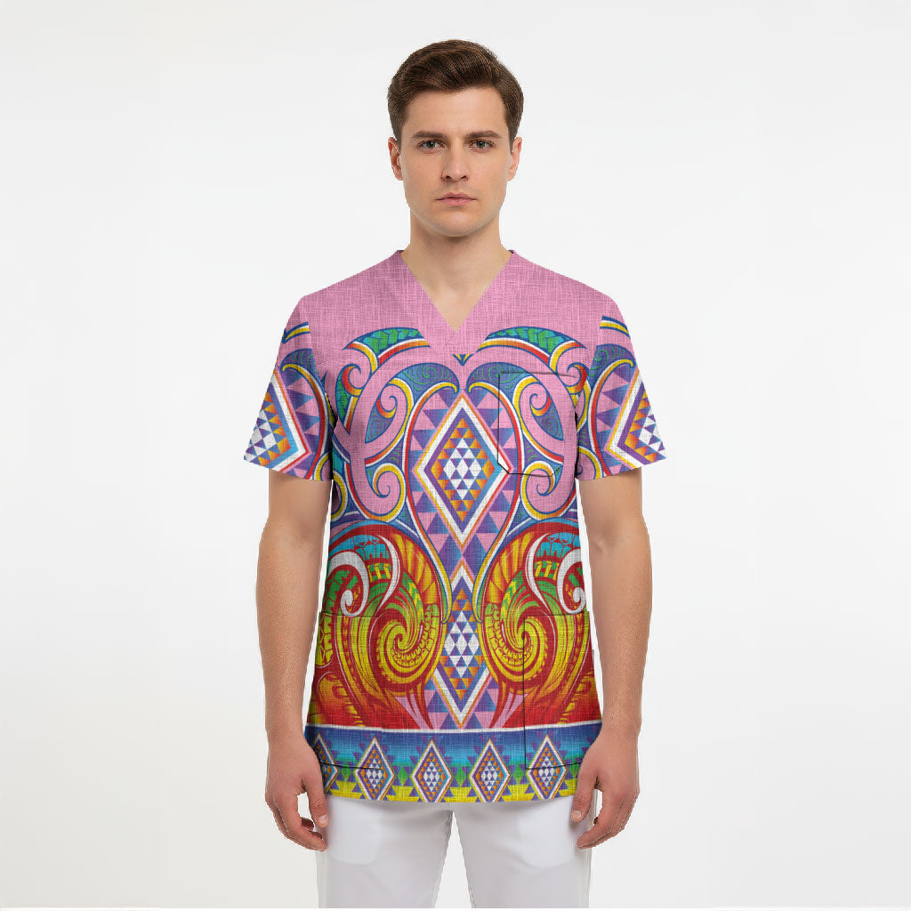 Rainbow Ngaru Taniko With Aotearoa Maori Tattoo Scrub Top