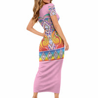 Rainbow Ngaru Taniko With Aotearoa Maori Tattoo Short Sleeve Bodycon Dress