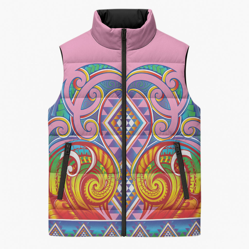 Rainbow Ngaru Taniko With Aotearoa Maori Tattoo Sleeveless Puffer Jacket