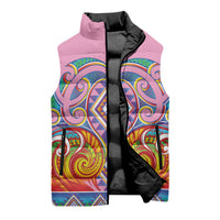 Rainbow Ngaru Taniko With Aotearoa Maori Tattoo Sleeveless Puffer Jacket