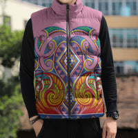 Rainbow Ngaru Taniko With Aotearoa Maori Tattoo Sleeveless Puffer Jacket