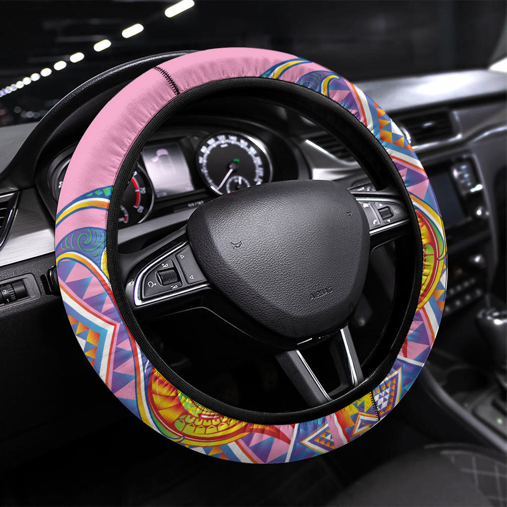 Rainbow Ngaru Taniko With Aotearoa Maori Tattoo Steering Wheel Cover LT14 Universal Fit Pink - Polynesian Pride