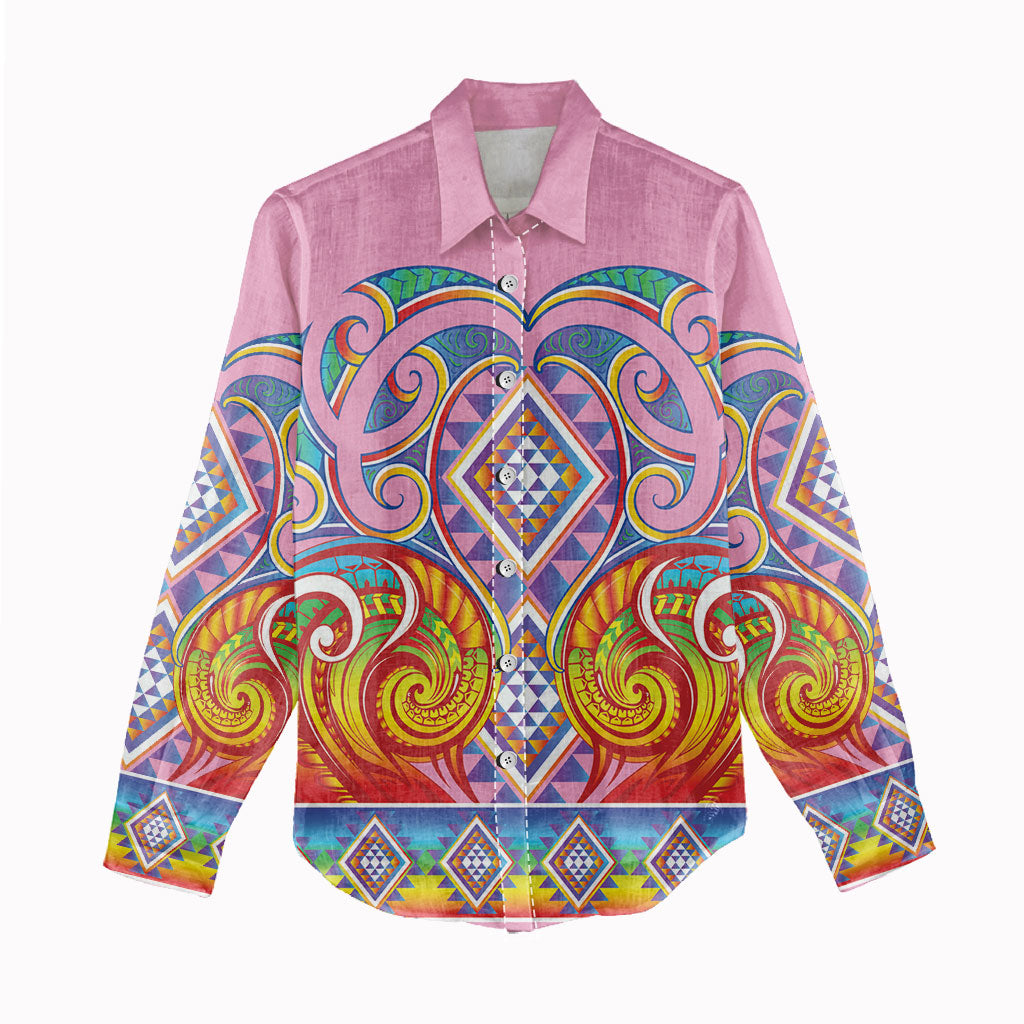 Rainbow Ngaru Taniko With Aotearoa Maori Tattoo Women Casual Shirt