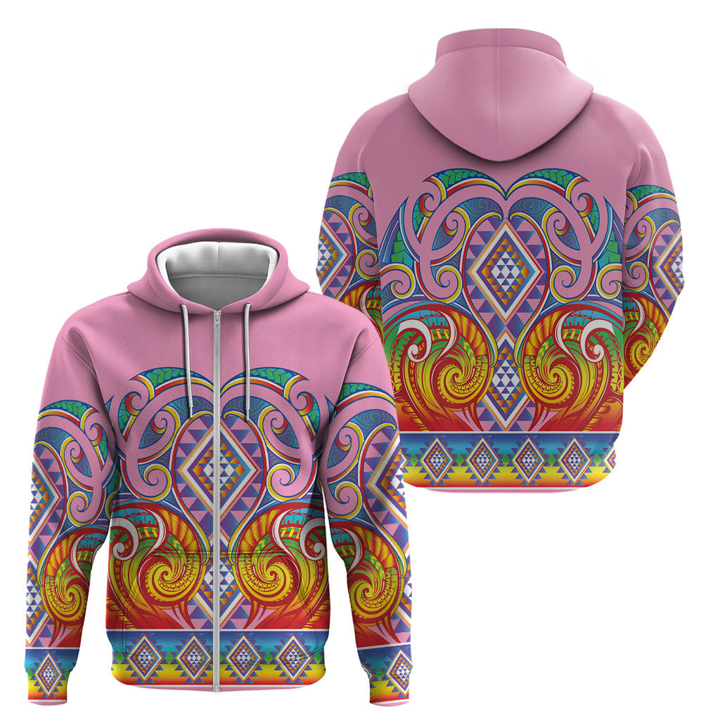Rainbow Ngaru Taniko With Aotearoa Maori Tattoo Zip Hoodie