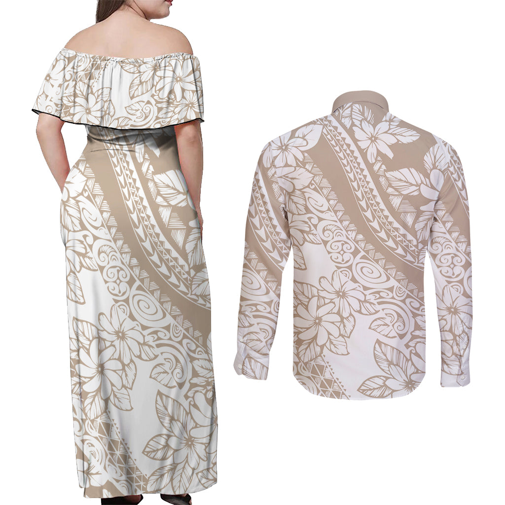 Polynesia Couples Matching Off Shoulder Maxi Dress and Long Sleeve Button Shirts Polynesian Tropical Flowers Beige Pastel Vibes LT14 - Polynesian Pride