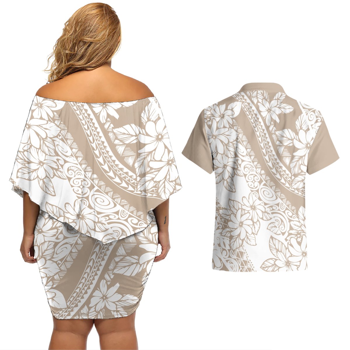 Polynesia Couples Matching Off Shoulder Short Dress and Hawaiian Shirt Polynesian Tropical Flowers Beige Pastel Vibes LT14 - Polynesian Pride