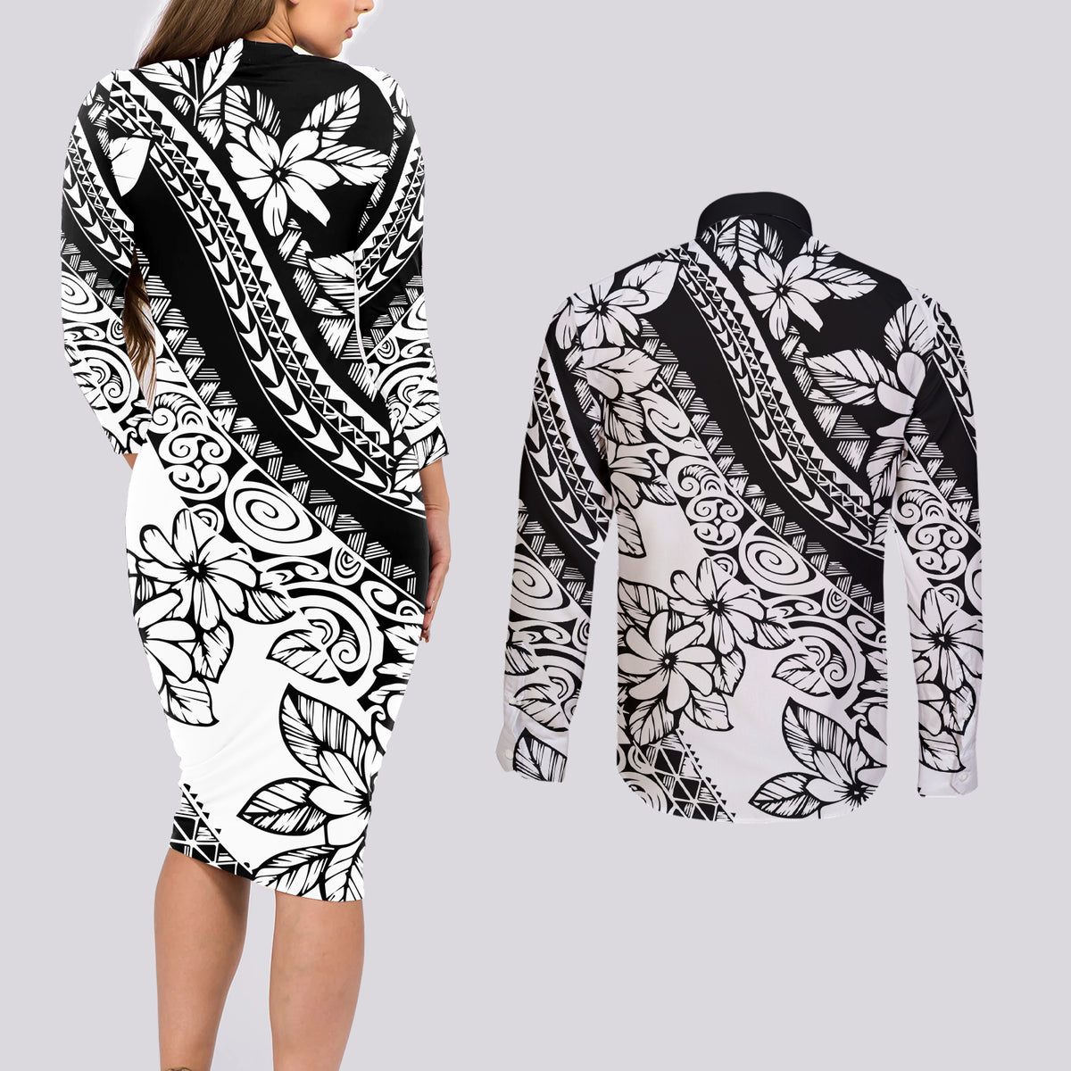 Polynesia Couples Matching Long Sleeve Bodycon Dress and Long Sleeve Button Shirts Polynesian Tropical Flowers Black Pastel Vibes LT14 - Polynesian Pride