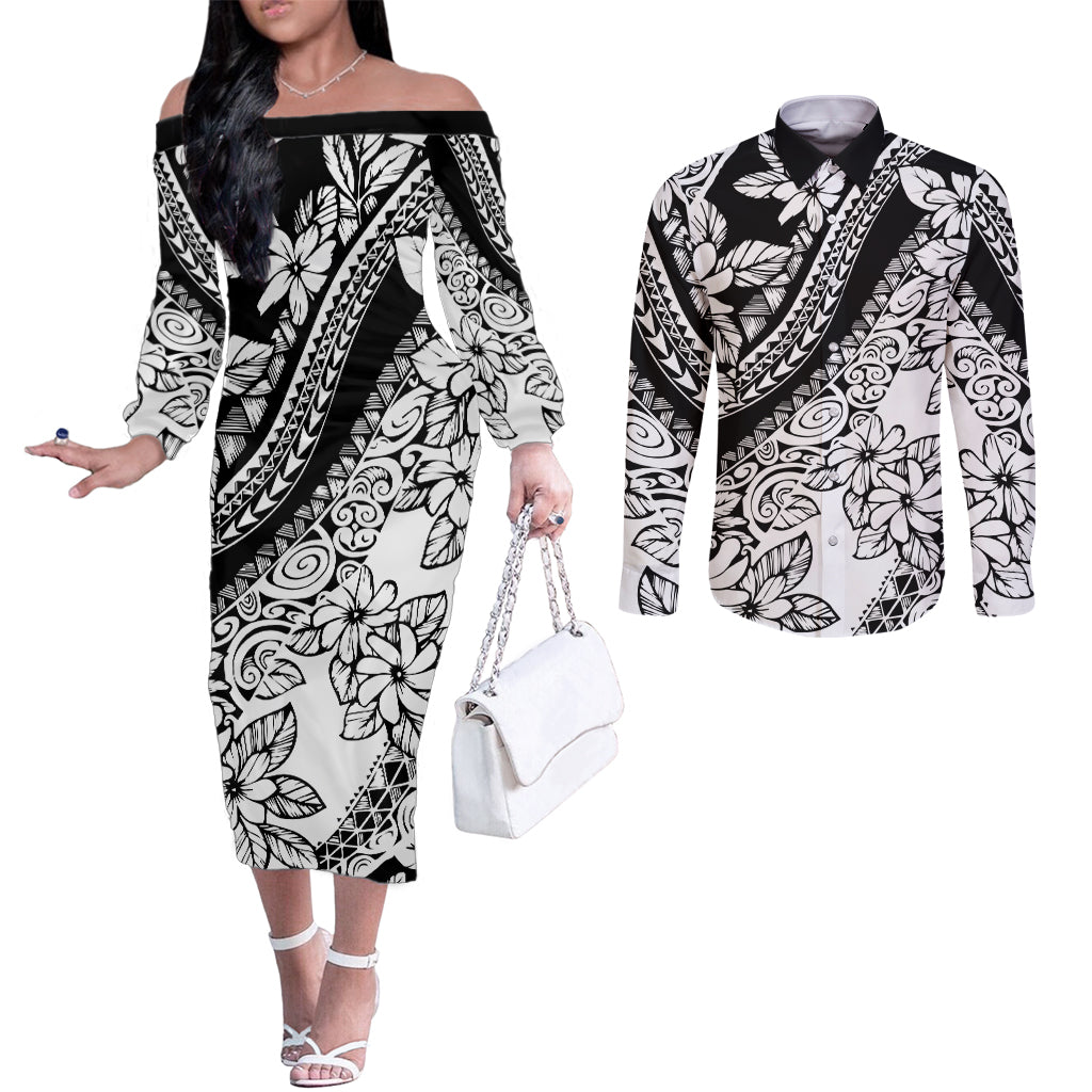 Polynesia Couples Matching Off The Shoulder Long Sleeve Dress and Long Sleeve Button Shirts Polynesian Tropical Flowers Black Pastel Vibes LT14 Black - Polynesian Pride