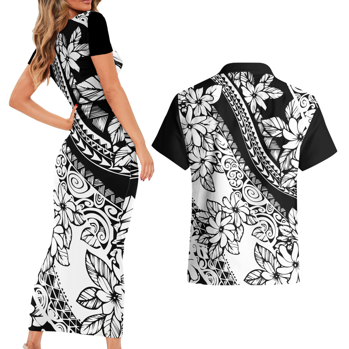 Polynesia Couples Matching Short Sleeve Bodycon Dress and Hawaiian Shirt Polynesian Tropical Flowers Black Pastel Vibes LT14 - Polynesian Pride