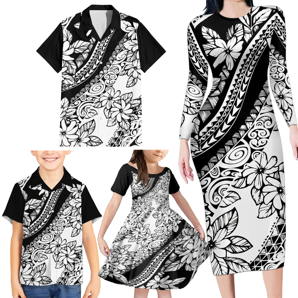 Polynesia Family Matching Long Sleeve Bodycon Dress and Hawaiian Shirt Polynesian Tropical Flowers Black Pastel Vibes LT14 - Polynesian Pride