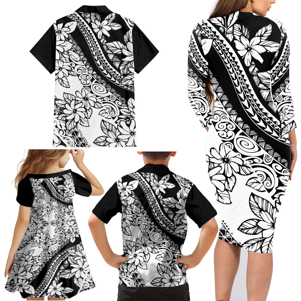 Polynesia Family Matching Long Sleeve Bodycon Dress and Hawaiian Shirt Polynesian Tropical Flowers Black Pastel Vibes LT14 - Polynesian Pride