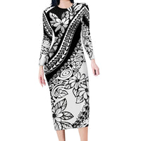 Polynesia Family Matching Long Sleeve Bodycon Dress and Hawaiian Shirt Polynesian Tropical Flowers Black Pastel Vibes LT14 Mom's Dress Black - Polynesian Pride