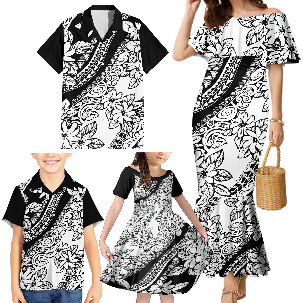 Polynesia Family Matching Mermaid Dress and Hawaiian Shirt Polynesian Tropical Flowers Black Pastel Vibes LT14 - Polynesian Pride
