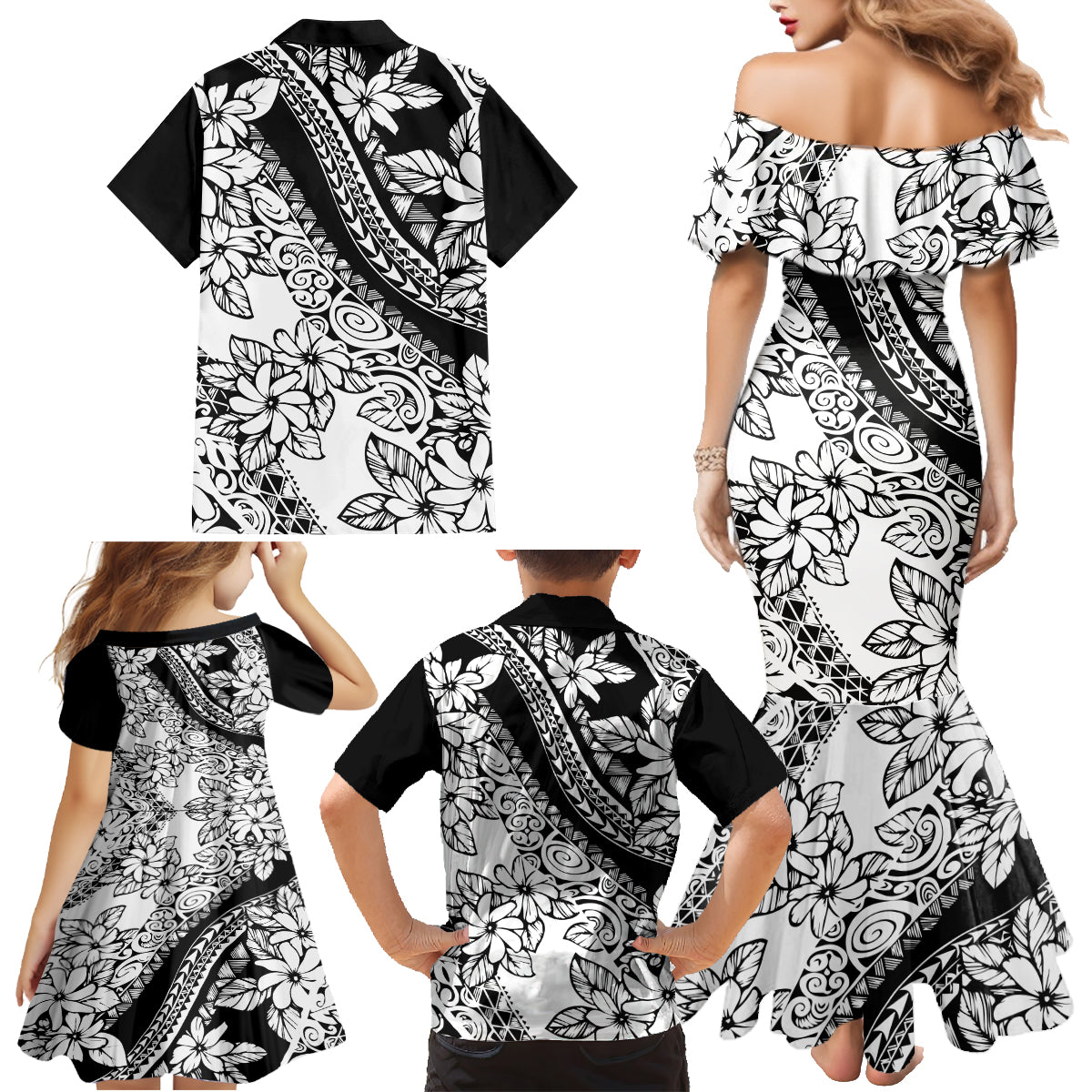 Polynesia Family Matching Mermaid Dress and Hawaiian Shirt Polynesian Tropical Flowers Black Pastel Vibes LT14 - Polynesian Pride