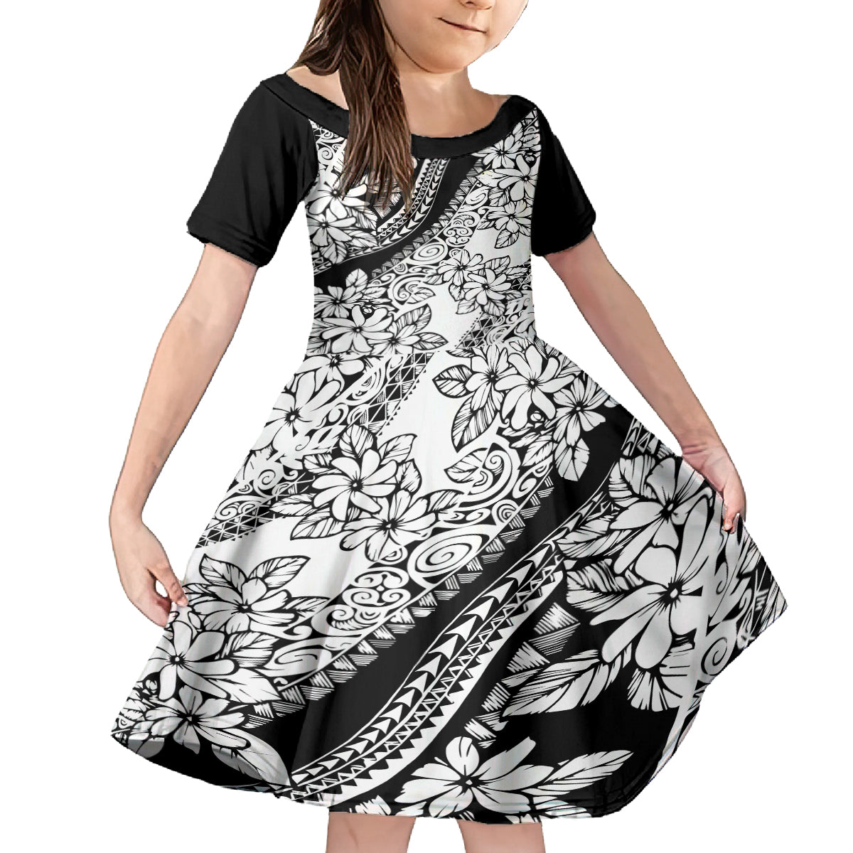 Polynesia Family Matching Off Shoulder Long Sleeve Dress and Hawaiian Shirt Polynesian Tropical Flowers Black Pastel Vibes LT14 Daughter's Dress Black - Polynesian Pride