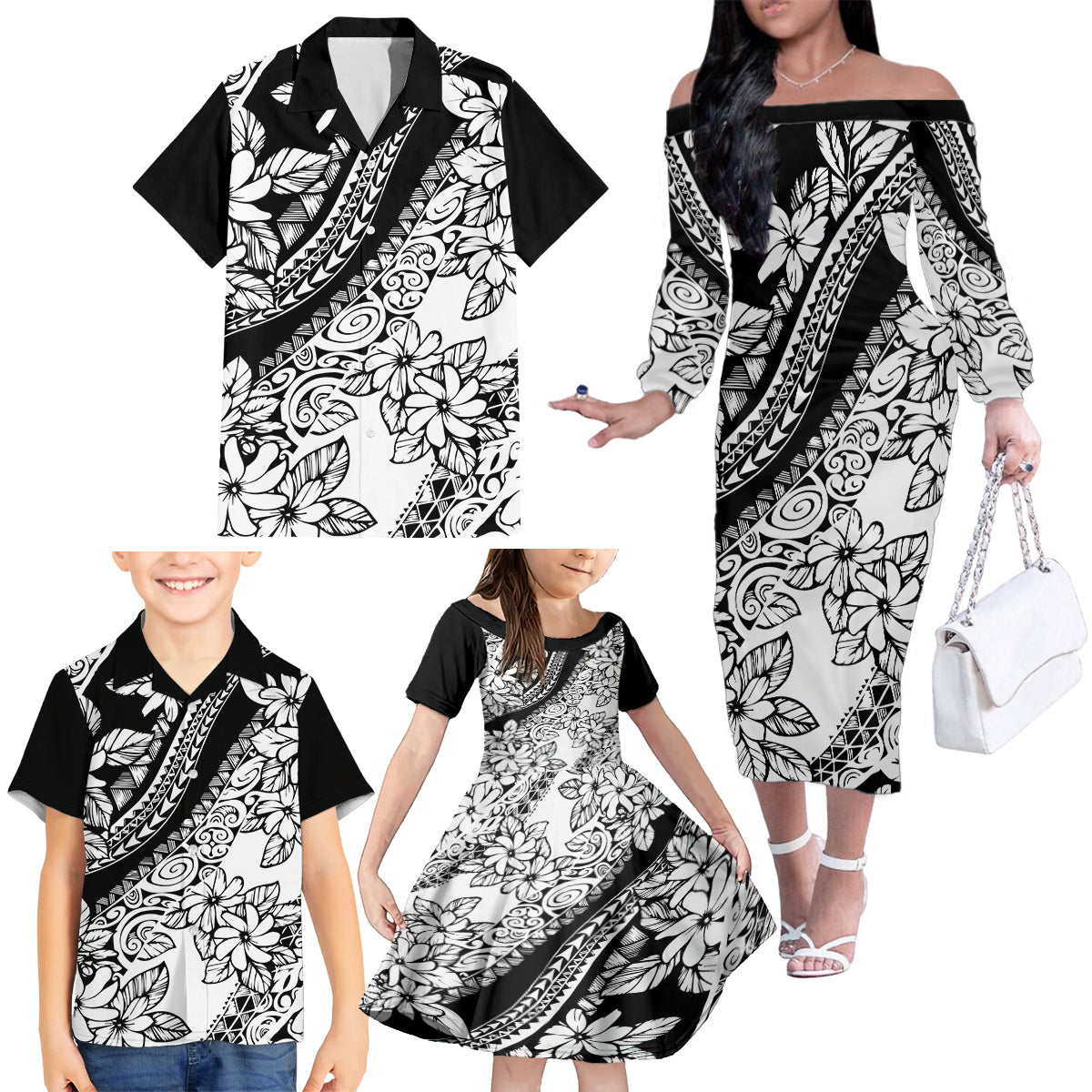 Polynesia Family Matching Off Shoulder Long Sleeve Dress and Hawaiian Shirt Polynesian Tropical Flowers Black Pastel Vibes LT14 - Polynesian Pride