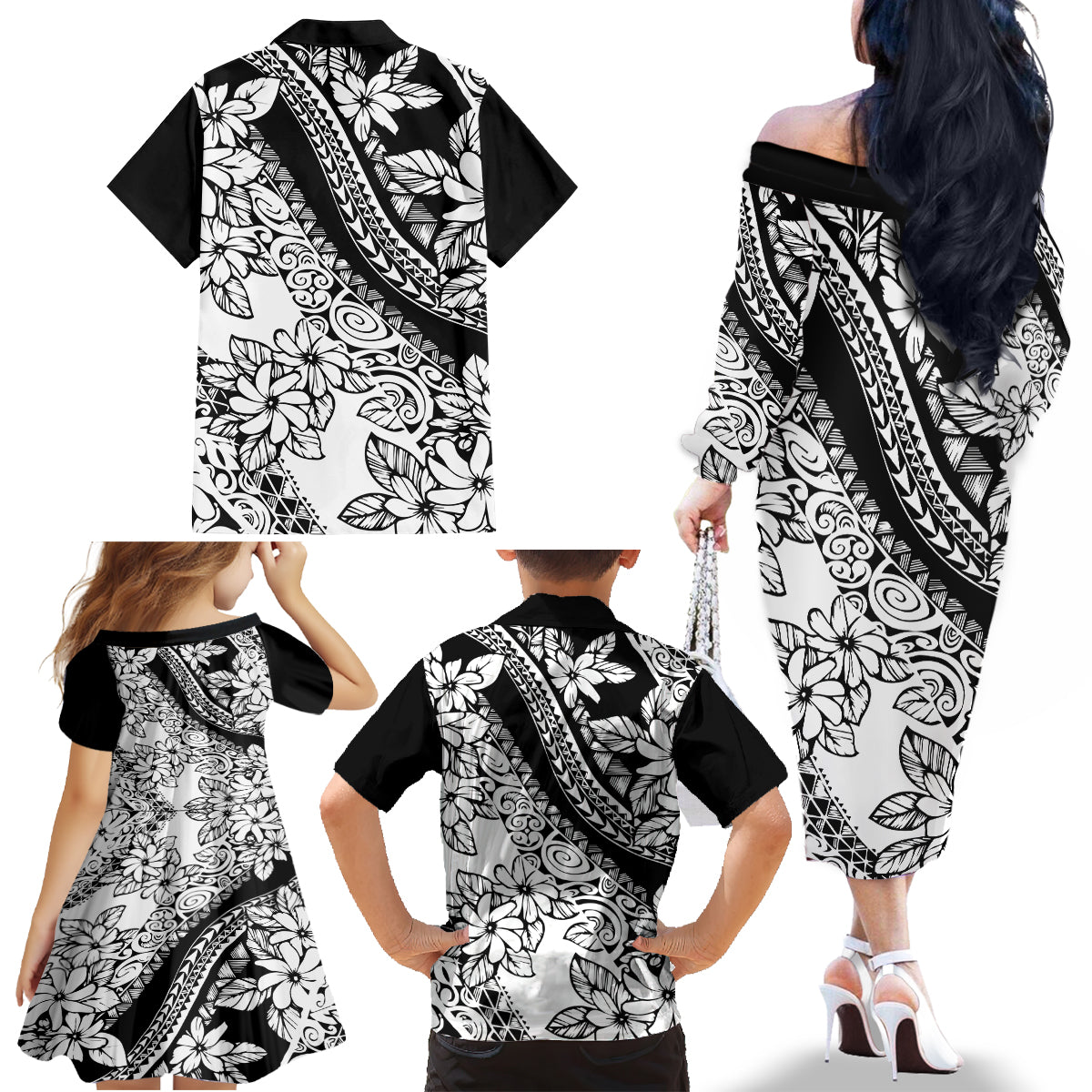 Polynesia Family Matching Off Shoulder Long Sleeve Dress and Hawaiian Shirt Polynesian Tropical Flowers Black Pastel Vibes LT14 - Polynesian Pride