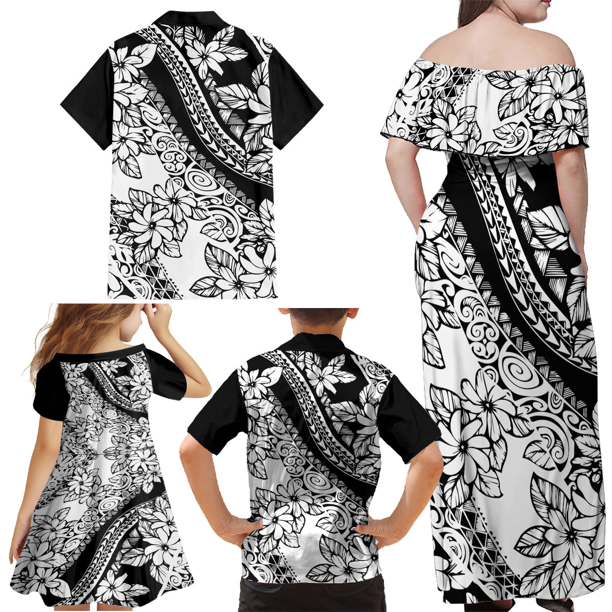 Polynesia Family Matching Off Shoulder Maxi Dress and Hawaiian Shirt Polynesian Tropical Flowers Black Pastel Vibes LT14 - Polynesian Pride